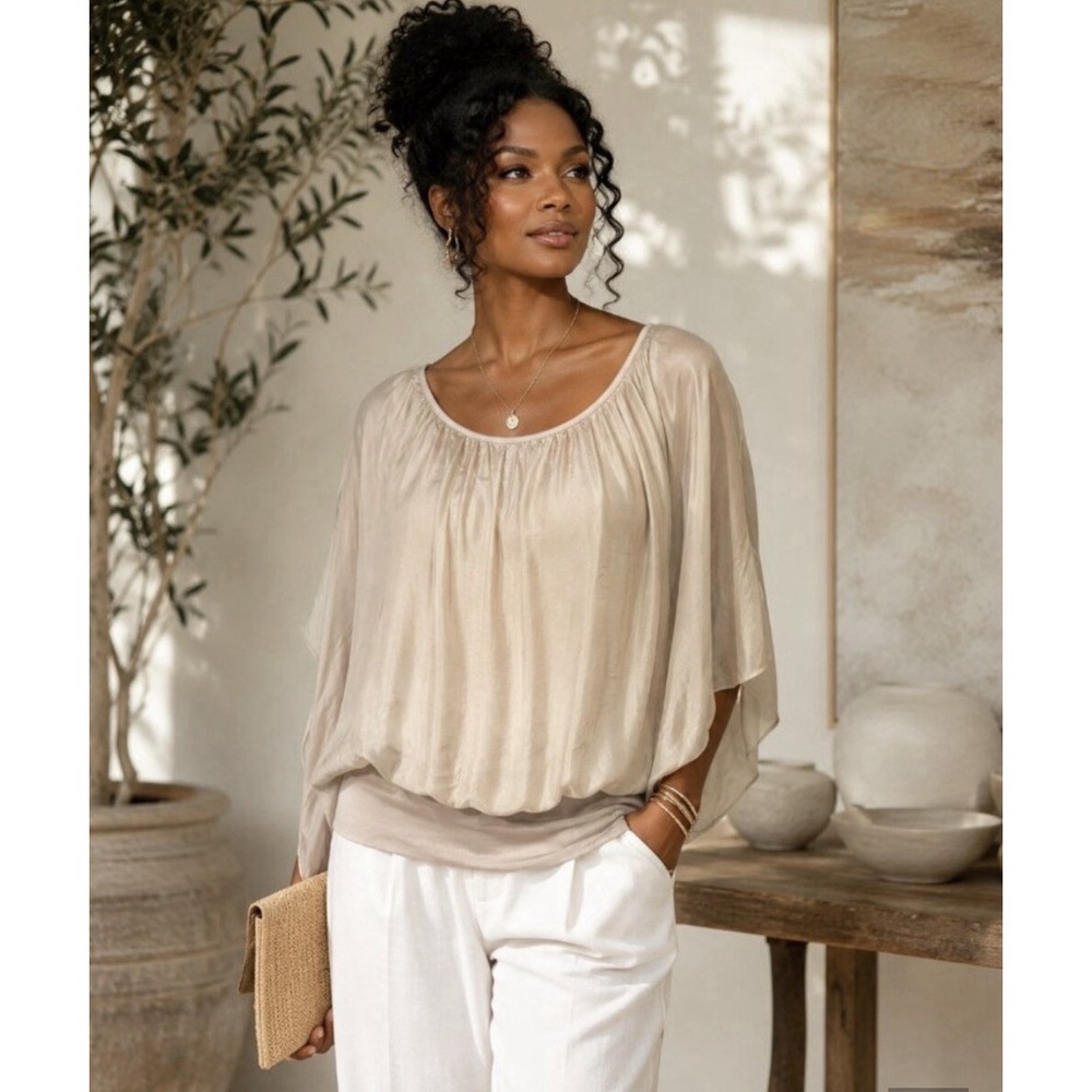 GUISY Made in Italy Silk Blend Draped Batwing Blouse Size Small Sand Drape Flow